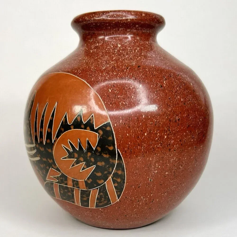 *Signed* Handmade Juan Paulino Martinez Pottery Vase Painted Cat In Nicaragua